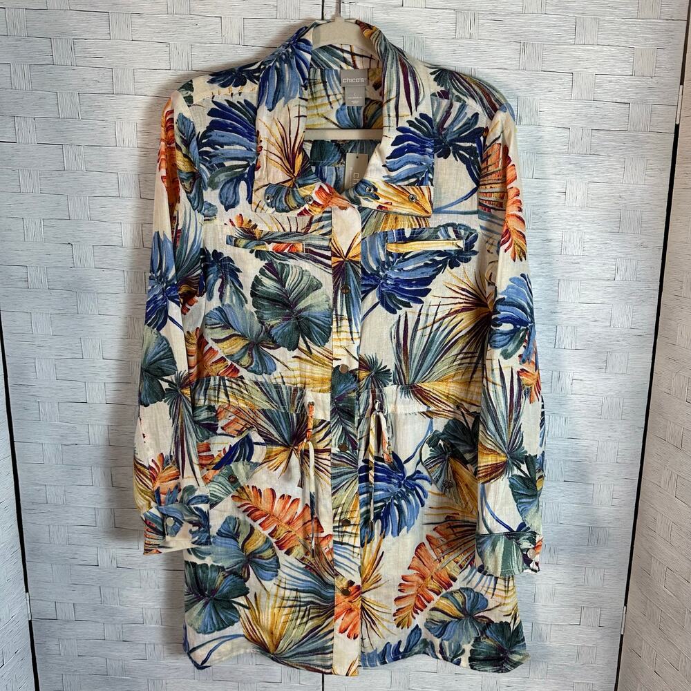 Chico’s Jungle Palms Linen Utility Jacket 3/4 Sleeve Jacket costal grandma